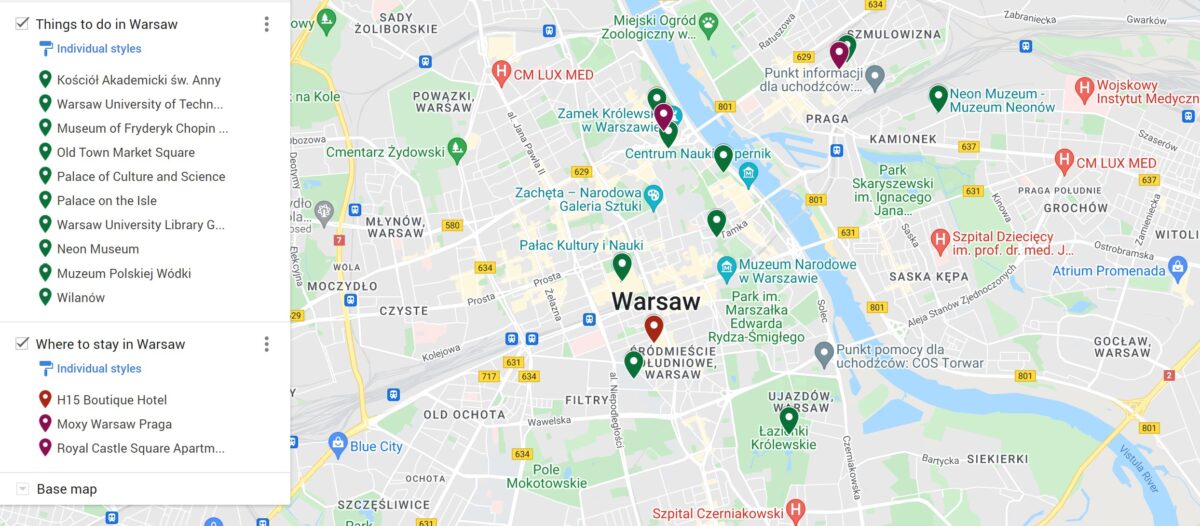 Map of things to do in Warsaw