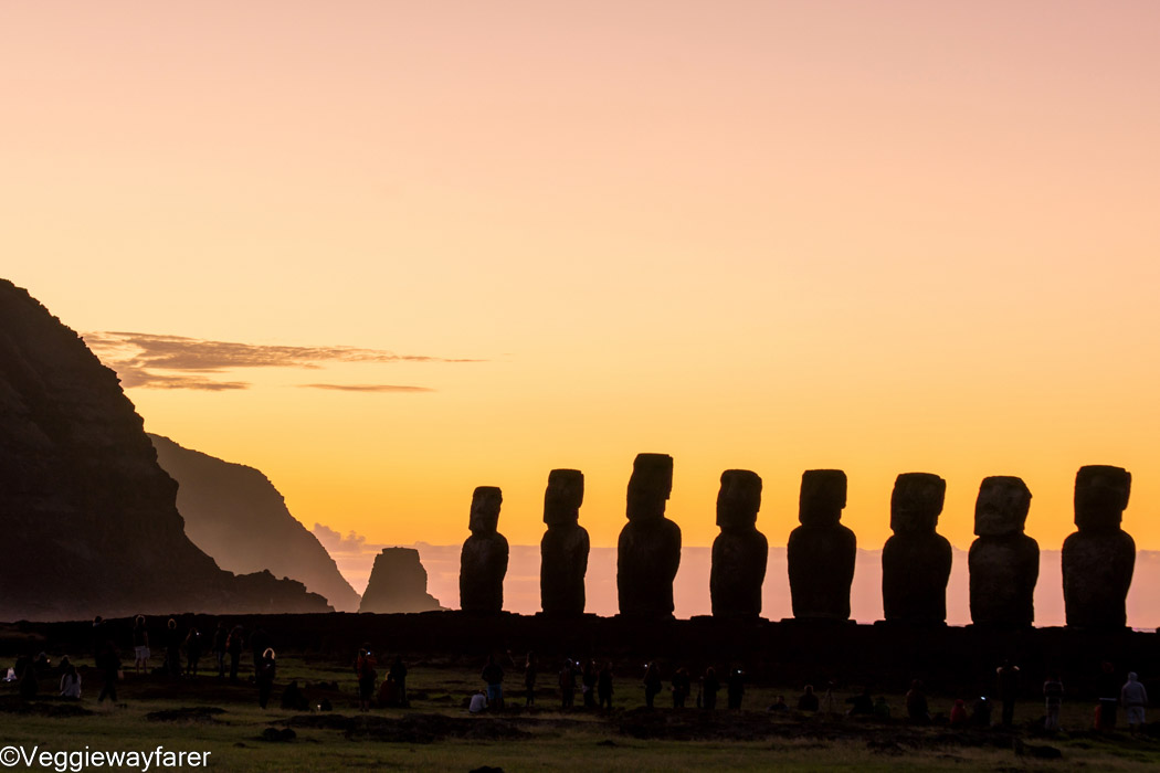 Moais silhouette at Ahu Tongariki at sunset in Easter island, Chile. Highlight of Easter Island