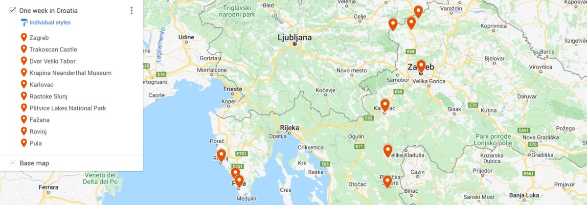map of road trip in Croatia