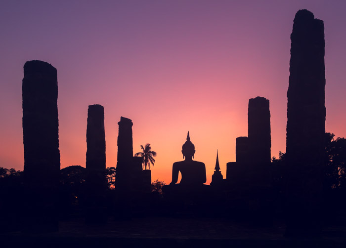 Sukhothai historical park at sunset-