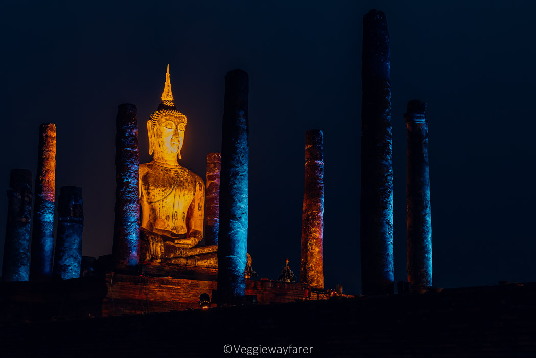 Night scene of Sukhothai historical park, Mahathat Temple ,Thailand