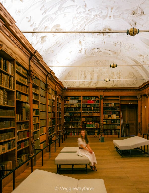 The baroque stucco ceiling and wooden bookcases of the library at Park Abbey, Heverlee