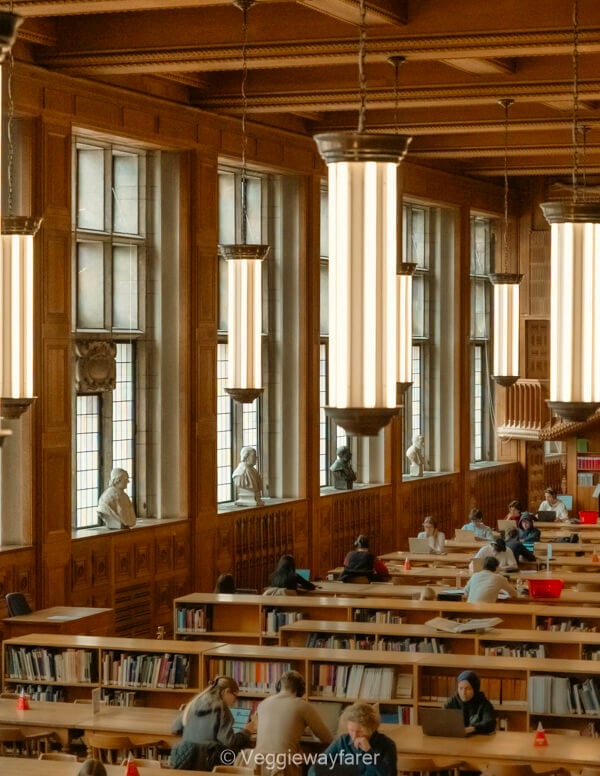 Students working at long wooden desks beneath tall windows in the Leuven University Library reading room