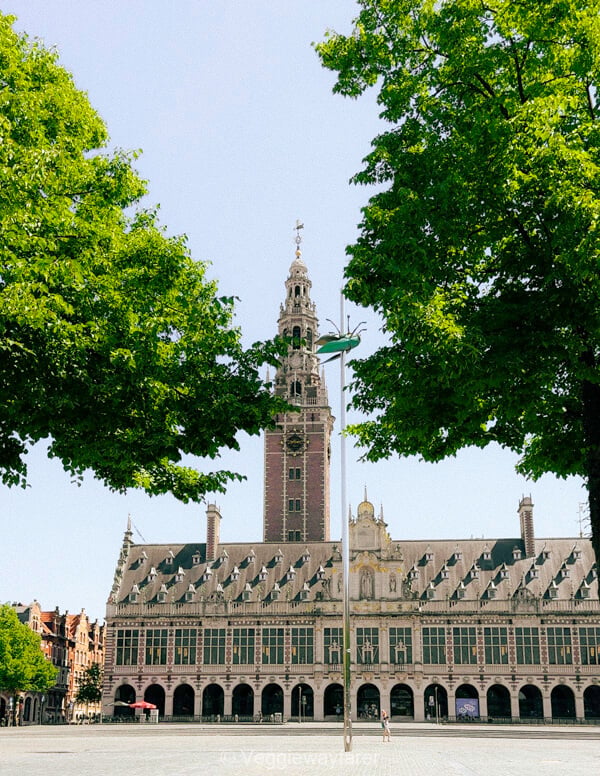 The University Library on Leuven's Ladeuzeplein, with Jan Fabre's beetle sculpture in front