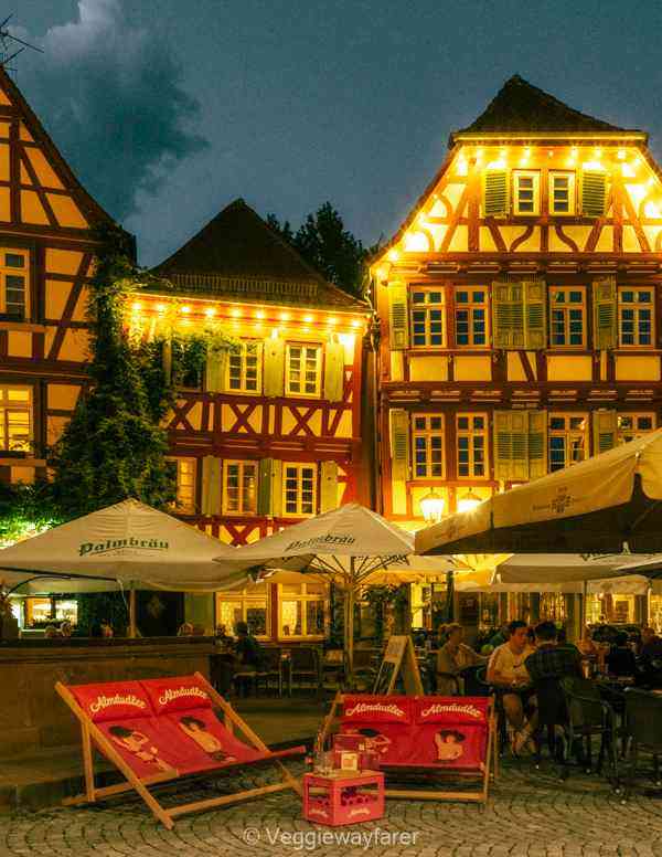 Lit up halftimbered houses in the main square of Bretten Germany