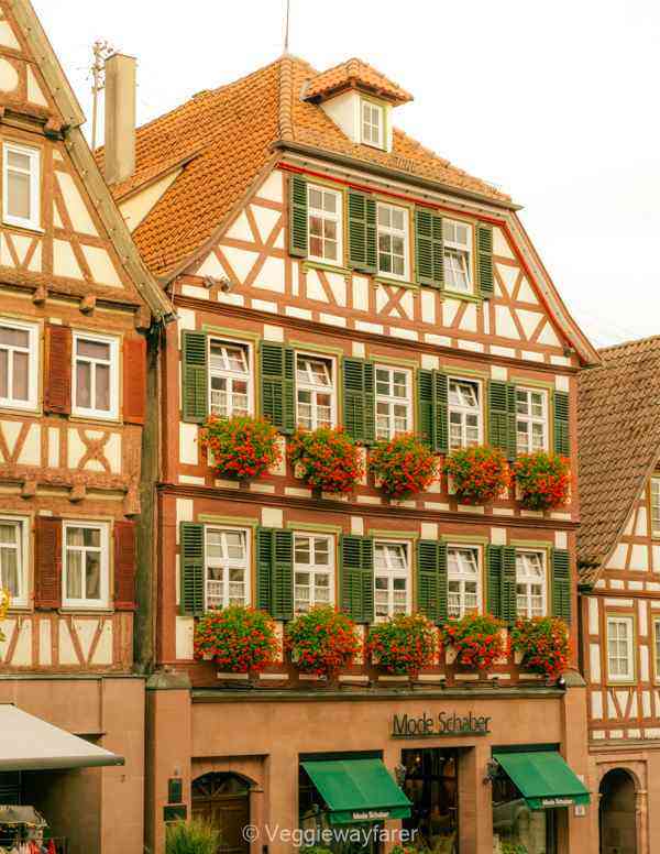 Halftimbered house with flowers. Herman Hesse birthhouse in Calw Germany