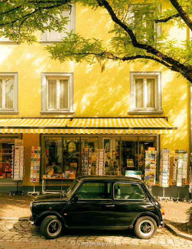 Black Fiat 500 in front of bookstore Donaueschingen Black Forest Town Germany
